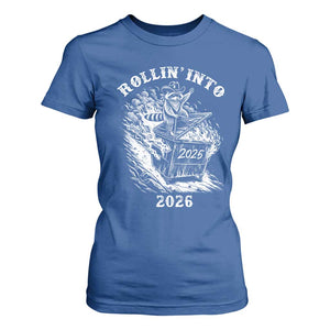 Funny Cowboy Raccoon Rollin Into 2026 T Shirt For Women New Year Dumpster Fire 2026 Rodeo TS11 Royal Blue Print Your Wear
