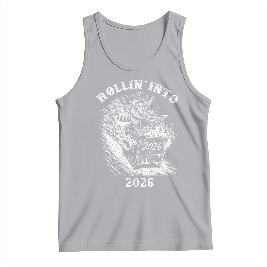 Funny Cowboy Raccoon Rollin Into 2026 Tank Top New Year Dumpster Fire 2026 Rodeo TS11 Athletic Heather Print Your Wear