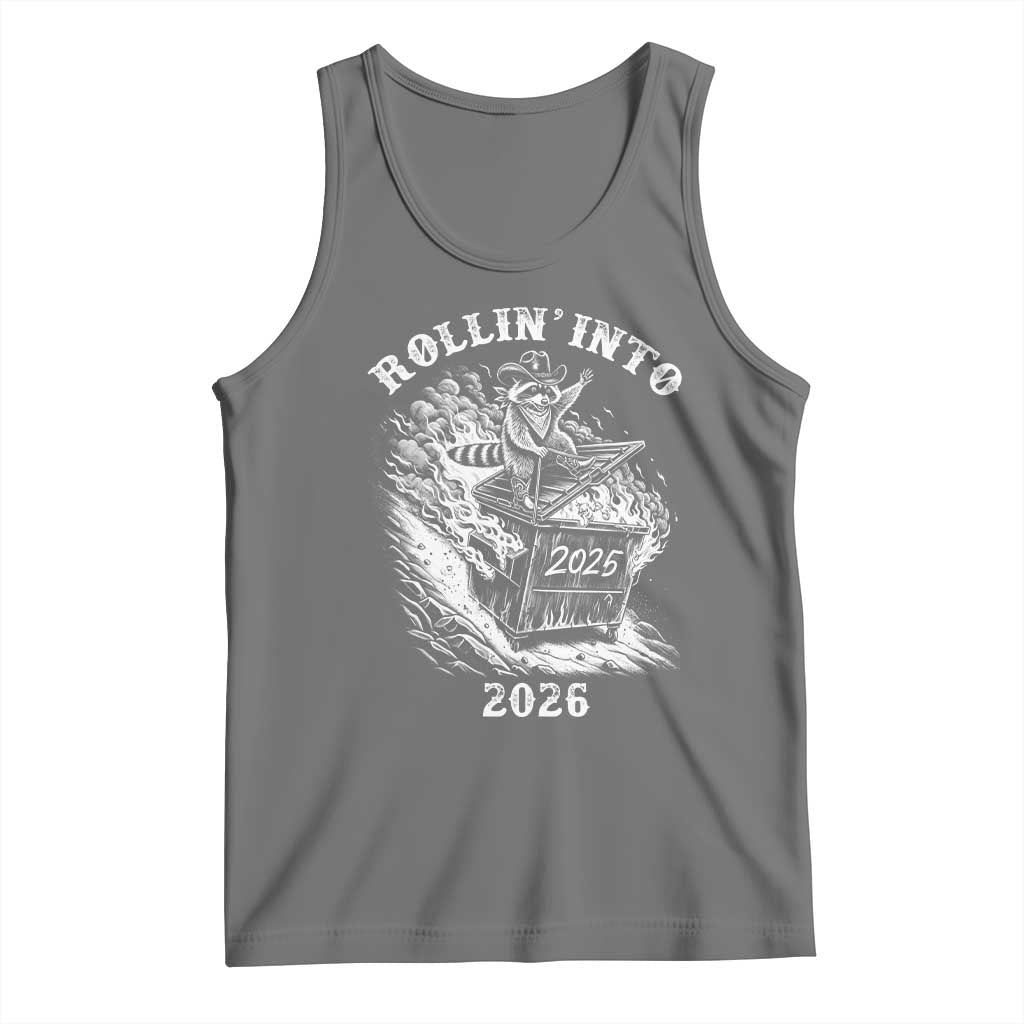 Funny Cowboy Raccoon Rollin Into 2026 Tank Top New Year Dumpster Fire 2026 Rodeo TS11 Black Heather Print Your Wear