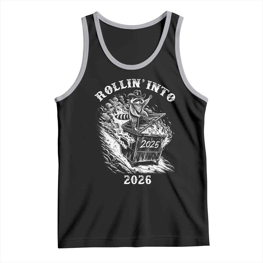 Funny Cowboy Raccoon Rollin Into 2026 Tank Top New Year Dumpster Fire 2026 Rodeo TS11 Black Athletic Heather Print Your Wear