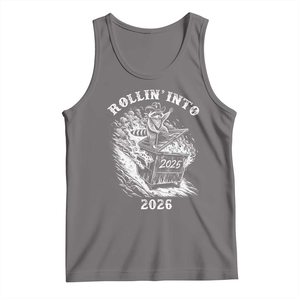 Funny Cowboy Raccoon Rollin Into 2026 Tank Top New Year Dumpster Fire 2026 Rodeo TS11 Deep Heather Print Your Wear