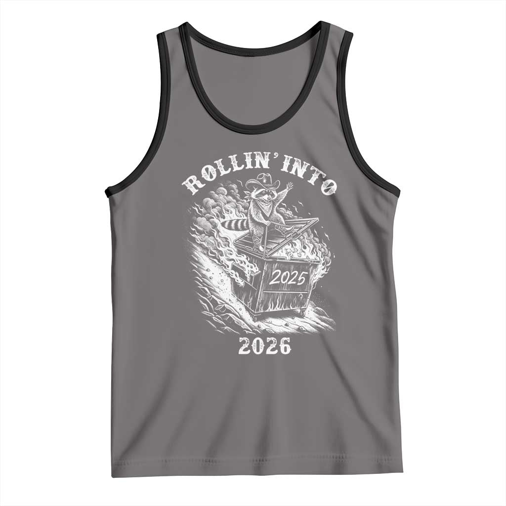 Funny Cowboy Raccoon Rollin Into 2026 Tank Top New Year Dumpster Fire 2026 Rodeo TS11 Deep Heather Black Print Your Wear
