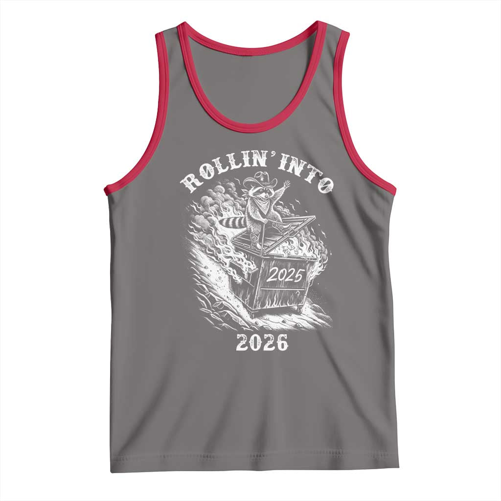 Funny Cowboy Raccoon Rollin Into 2026 Tank Top New Year Dumpster Fire 2026 Rodeo TS11 Deep Heather Red Print Your Wear
