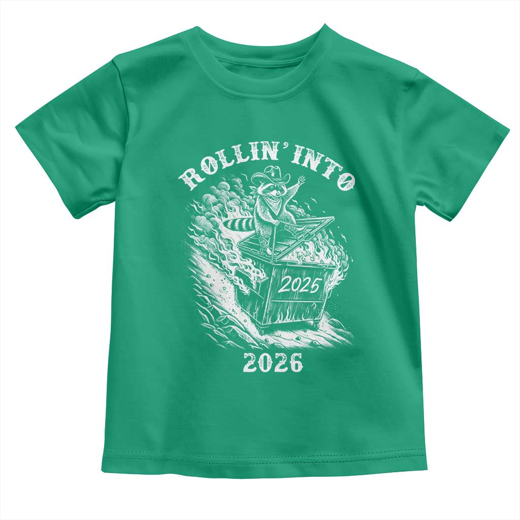 Funny Cowboy Raccoon Rollin Into 2026 Toddler T Shirt New Year Dumpster Fire 2026 Rodeo TS11 Irish Green Print Your Wear