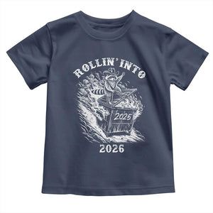 Funny Cowboy Raccoon Rollin Into 2026 Toddler T Shirt New Year Dumpster Fire 2026 Rodeo TS11 Navy Print Your Wear