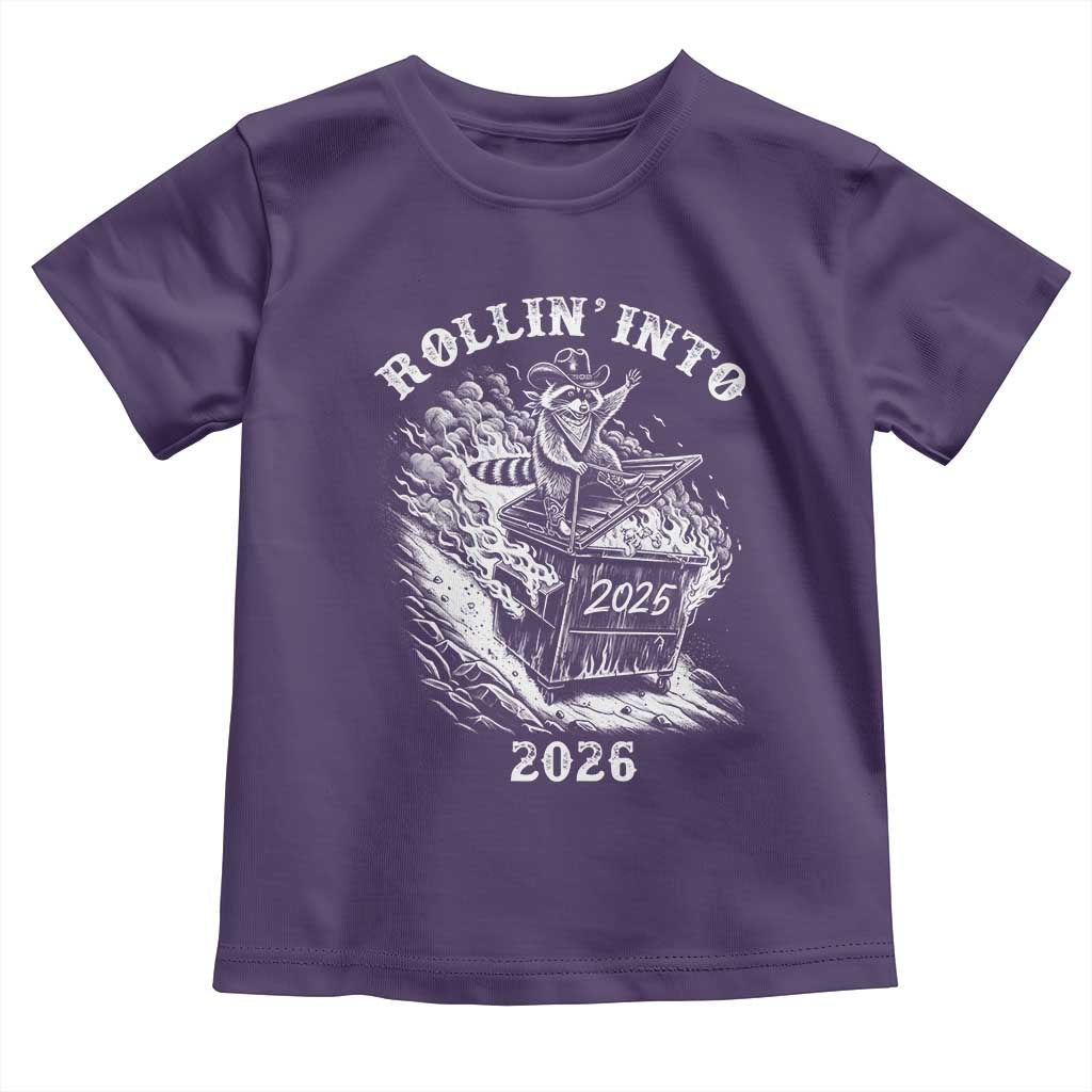 Funny Cowboy Raccoon Rollin Into 2026 Toddler T Shirt New Year Dumpster Fire 2026 Rodeo TS11 Purple Print Your Wear