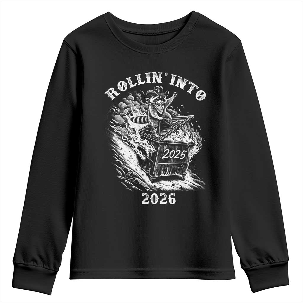 Funny Cowboy Raccoon Rollin Into 2026 Youth Sweatshirt New Year Dumpster Fire 2026 Rodeo TS11 Black Print Your Wear