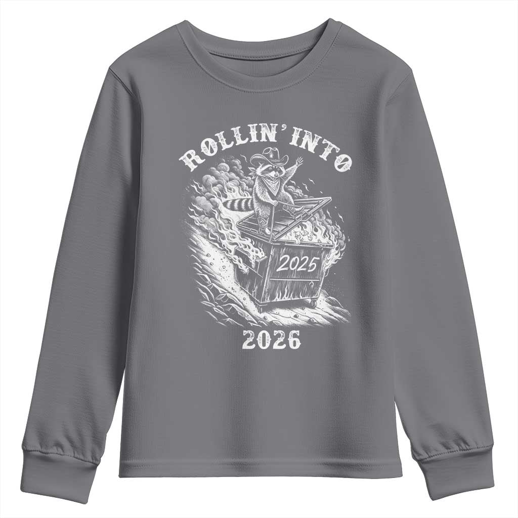 Funny Cowboy Raccoon Rollin Into 2026 Youth Sweatshirt New Year Dumpster Fire 2026 Rodeo TS11 Charcoal Print Your Wear