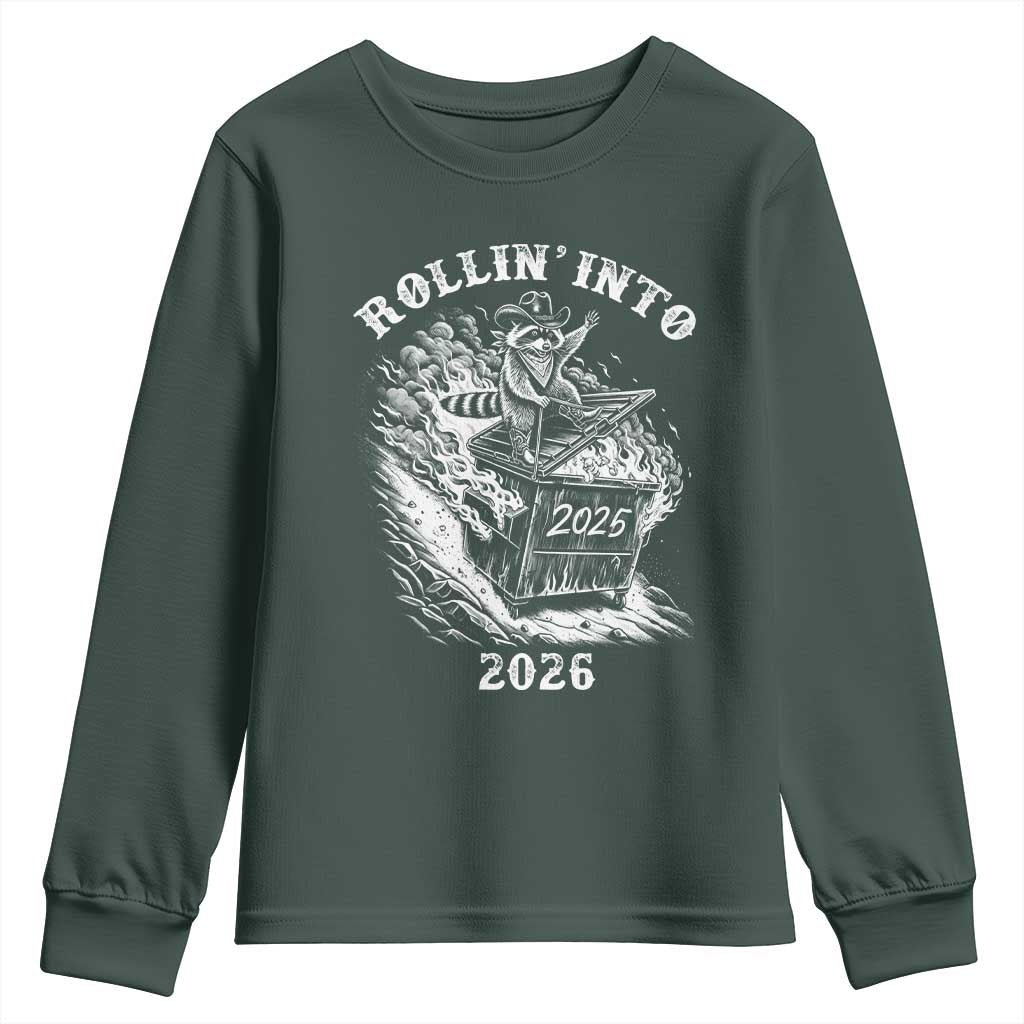 Funny Cowboy Raccoon Rollin Into 2026 Youth Sweatshirt New Year Dumpster Fire 2026 Rodeo TS11 Dark Forest Green Print Your Wear