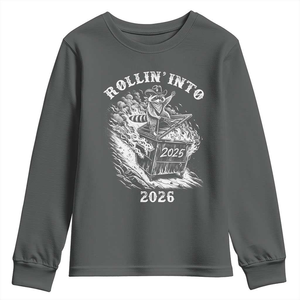 Funny Cowboy Raccoon Rollin Into 2026 Youth Sweatshirt New Year Dumpster Fire 2026 Rodeo TS11 Dark Heather Print Your Wear