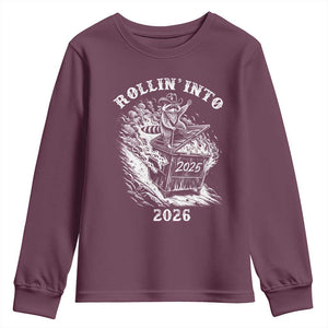 Funny Cowboy Raccoon Rollin Into 2026 Youth Sweatshirt New Year Dumpster Fire 2026 Rodeo TS11 Maroon Print Your Wear