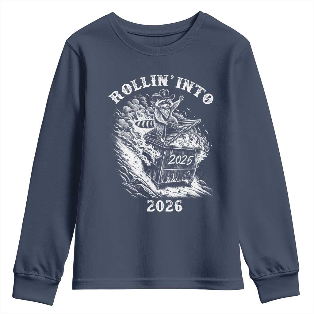 Funny Cowboy Raccoon Rollin Into 2026 Youth Sweatshirt New Year Dumpster Fire 2026 Rodeo TS11 Navy Print Your Wear