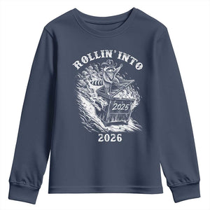 Funny Cowboy Raccoon Rollin Into 2026 Youth Sweatshirt New Year Dumpster Fire 2026 Rodeo TS11 Navy Print Your Wear