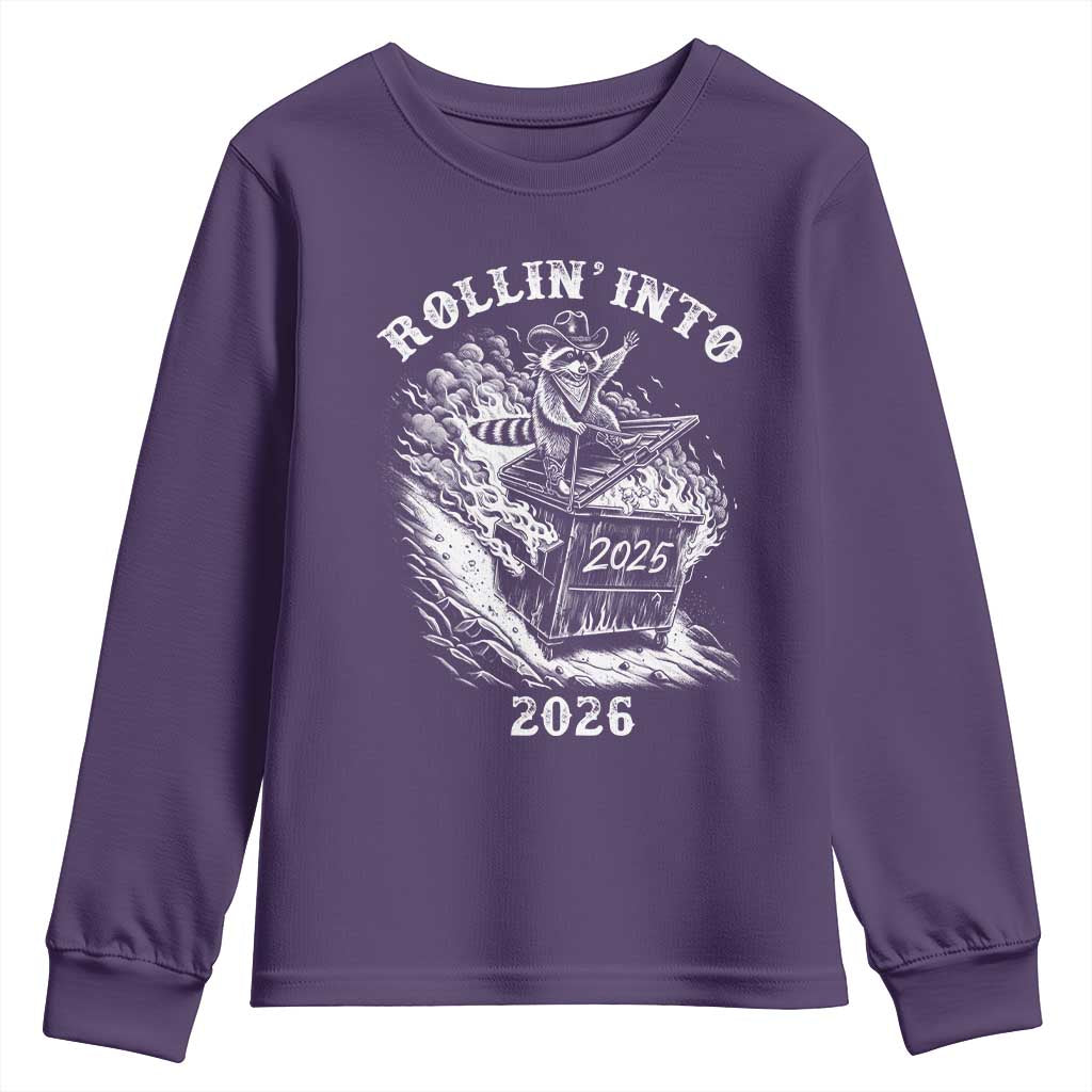 Funny Cowboy Raccoon Rollin Into 2026 Youth Sweatshirt New Year Dumpster Fire 2026 Rodeo TS11 Purple Print Your Wear
