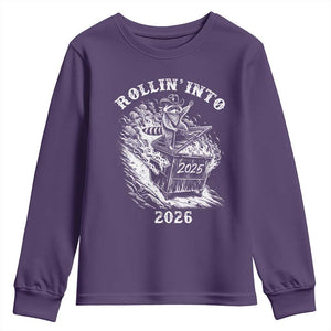 Funny Cowboy Raccoon Rollin Into 2026 Youth Sweatshirt New Year Dumpster Fire 2026 Rodeo TS11 Purple Print Your Wear