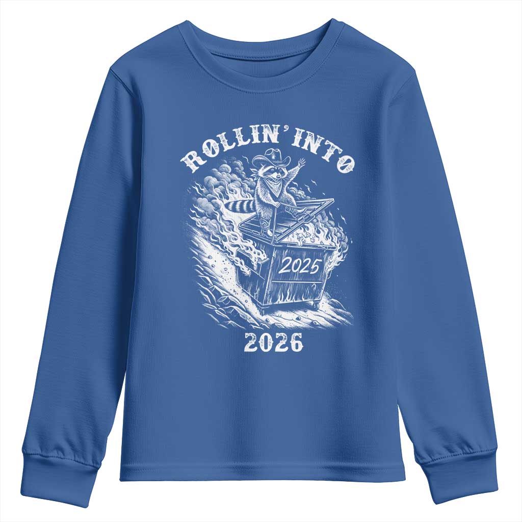 Funny Cowboy Raccoon Rollin Into 2026 Youth Sweatshirt New Year Dumpster Fire 2026 Rodeo TS11 Royal Blue Print Your Wear