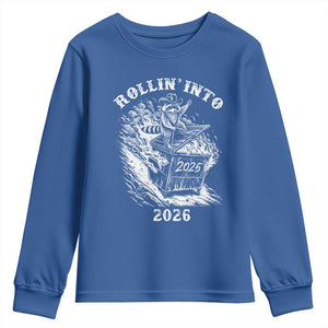 Funny Cowboy Raccoon Rollin Into 2026 Youth Sweatshirt New Year Dumpster Fire 2026 Rodeo TS11 Royal Blue Print Your Wear