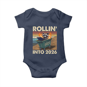 Funny Raccoon Rollin Into 2026 Baby Onesie New Year Dumpster Fire TS11 Navy Print Your Wear
