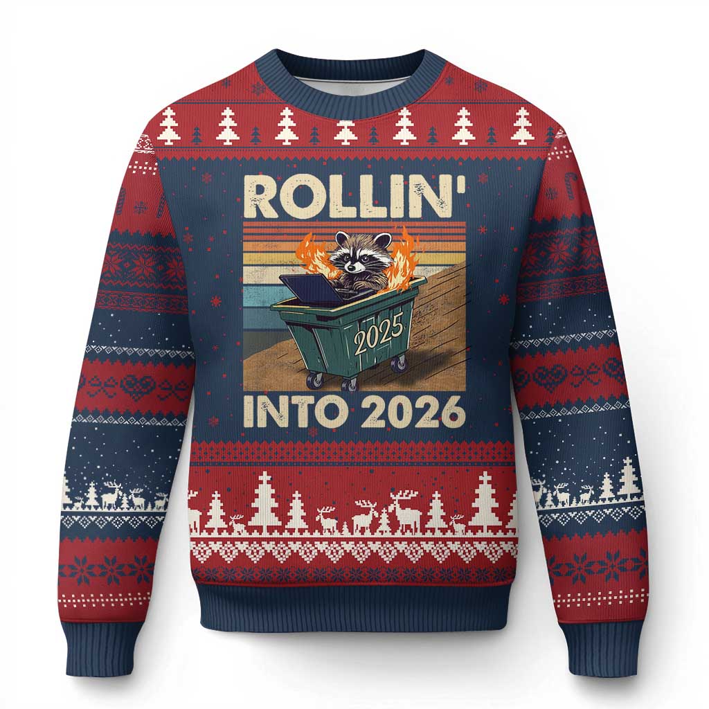Funny Raccoon Rollin Into 2026 Ugly Christmas Sweater New Year Dumpster Fire TS11 Navy Red Print Your Wear