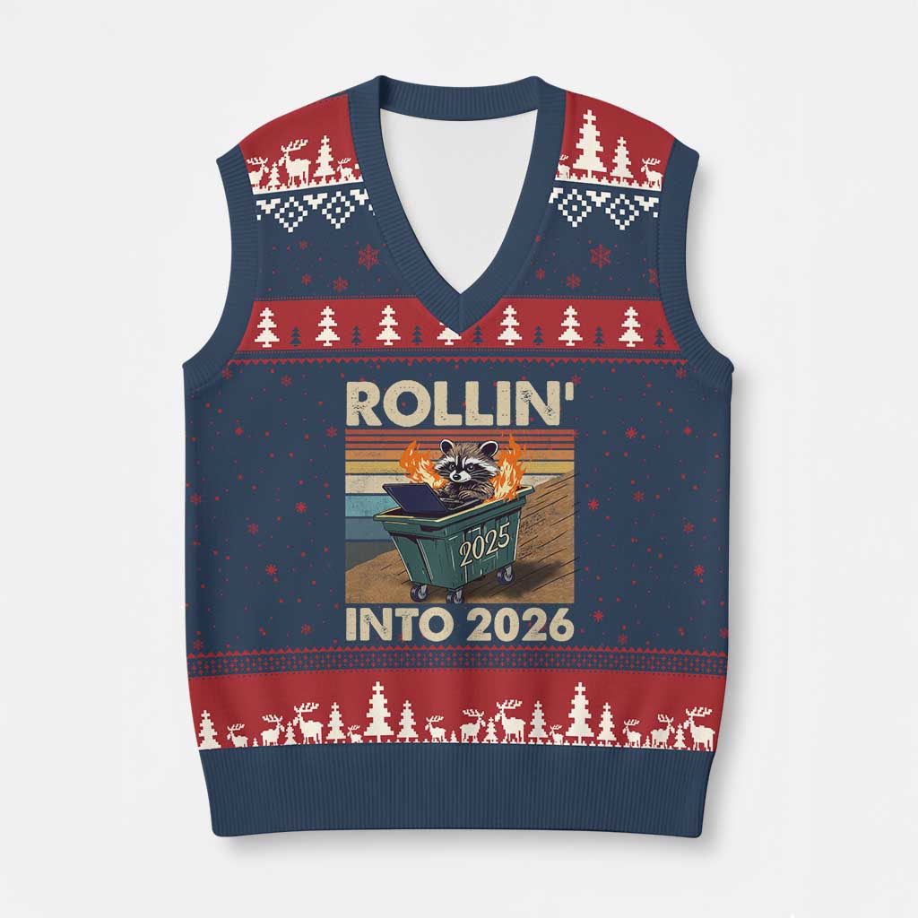 Funny Raccoon Rollin Into 2026 V-Neck Knit Sweater Vest New Year Dumpster Fire TS11 Navy Red Print Your Wear