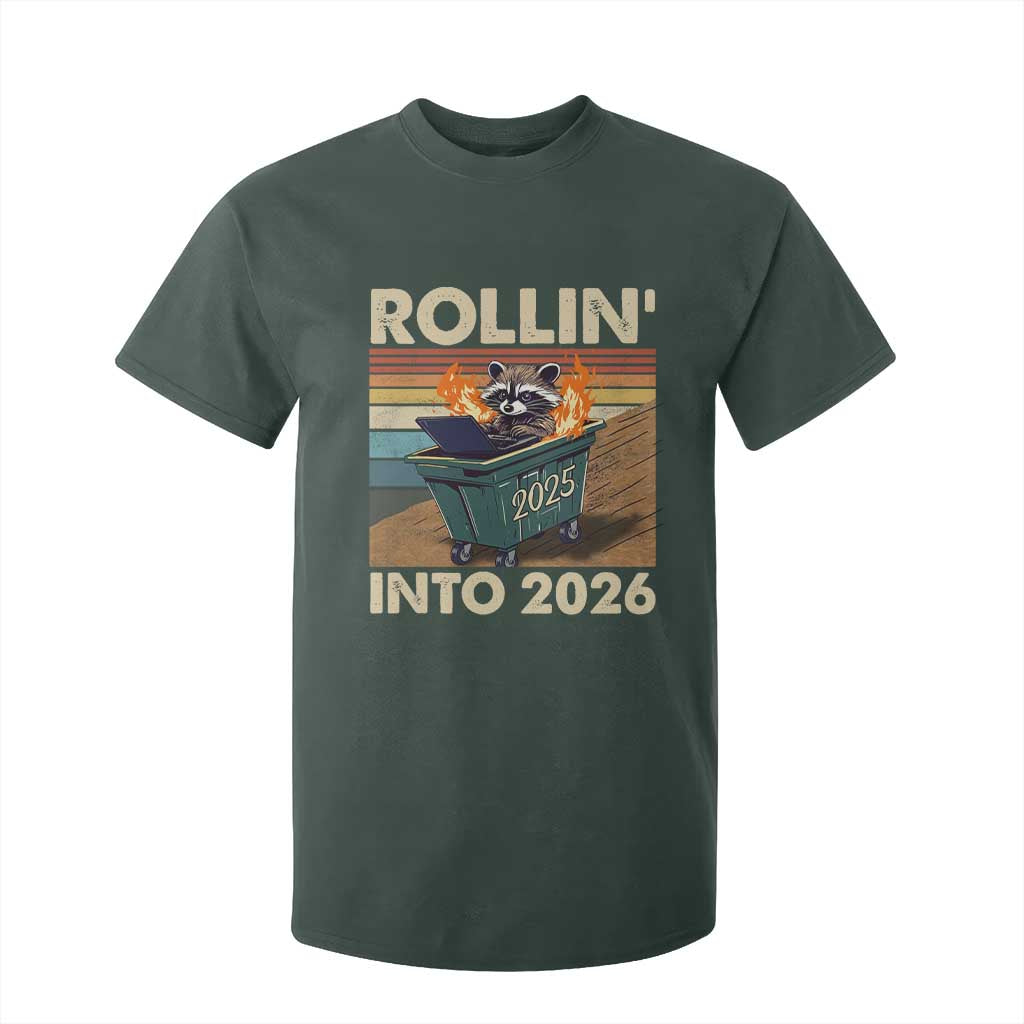 Funny Raccoon Rollin Into 2026 T Shirt For Kid New Year Dumpster Fire TS11 Dark Forest Green Print Your Wear