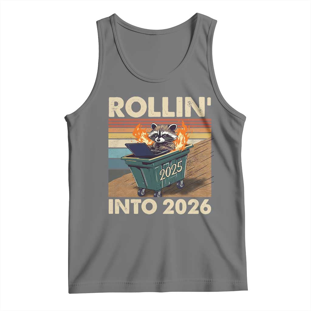 Funny Raccoon Rollin Into 2026 Tank Top New Year Dumpster Fire TS11 Black Heather Print Your Wear