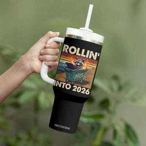 Funny Raccoon Rollin Into 2026 Tumbler With Handle New Year Dumpster Fire TS11 Print Your Wear