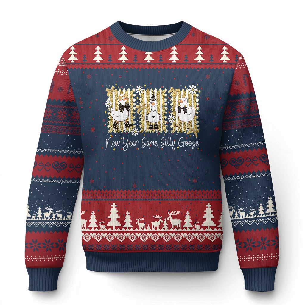 Funny New Year Same Silly Goose Ugly Christmas Sweater New Year Eve Goose Squad Faux Glitter TS11 Navy Red Print Your Wear