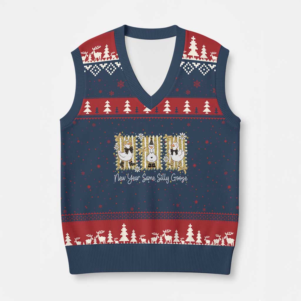 Funny New Year Same Silly Goose V-Neck Knit Sweater Vest New Year Eve Goose Squad Faux Glitter TS11 Navy Red Print Your Wear