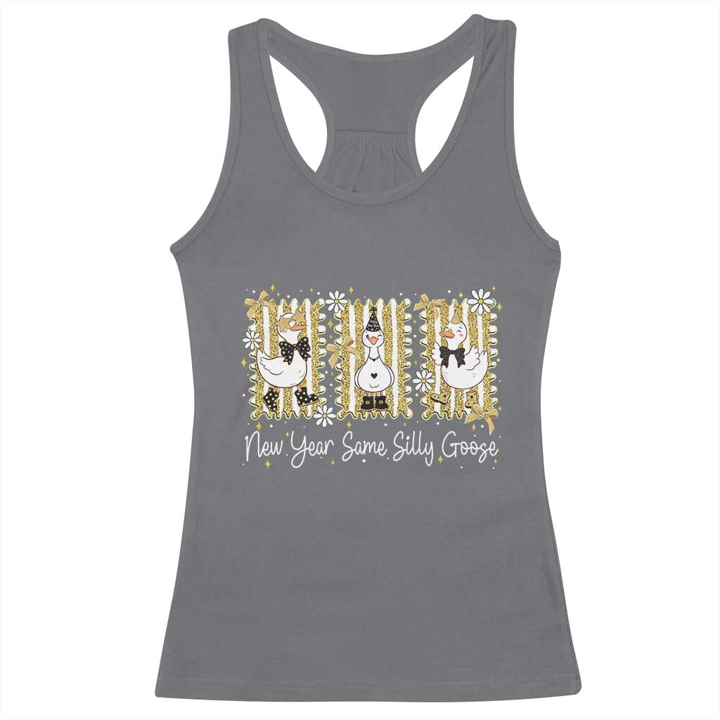 Funny New Year Same Silly Goose Racerback Tank Top New Year Eve Goose Squad Faux Glitter TS11 Charcoal Print Your Wear