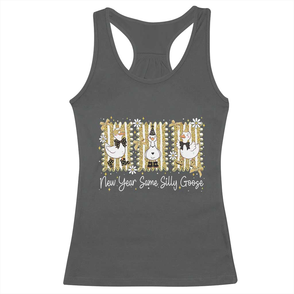 Funny New Year Same Silly Goose Racerback Tank Top New Year Eve Goose Squad Faux Glitter TS11 Dark Heather Print Your Wear