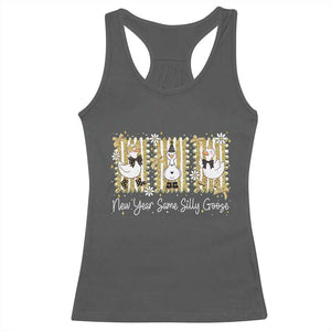 Funny New Year Same Silly Goose Racerback Tank Top New Year Eve Goose Squad Faux Glitter TS11 Dark Heather Print Your Wear
