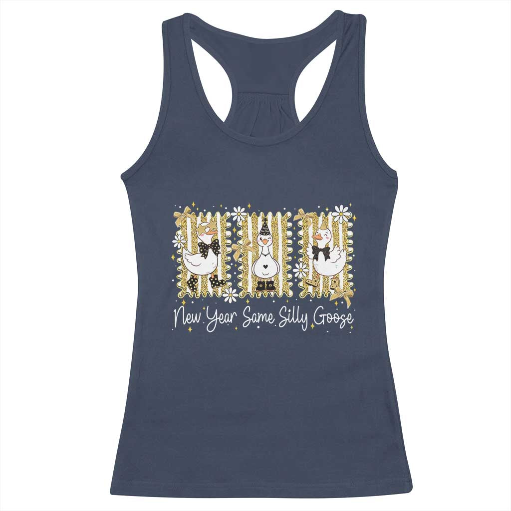 Funny New Year Same Silly Goose Racerback Tank Top New Year Eve Goose Squad Faux Glitter TS11 Navy Print Your Wear