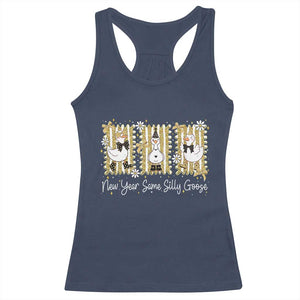 Funny New Year Same Silly Goose Racerback Tank Top New Year Eve Goose Squad Faux Glitter TS11 Navy Print Your Wear