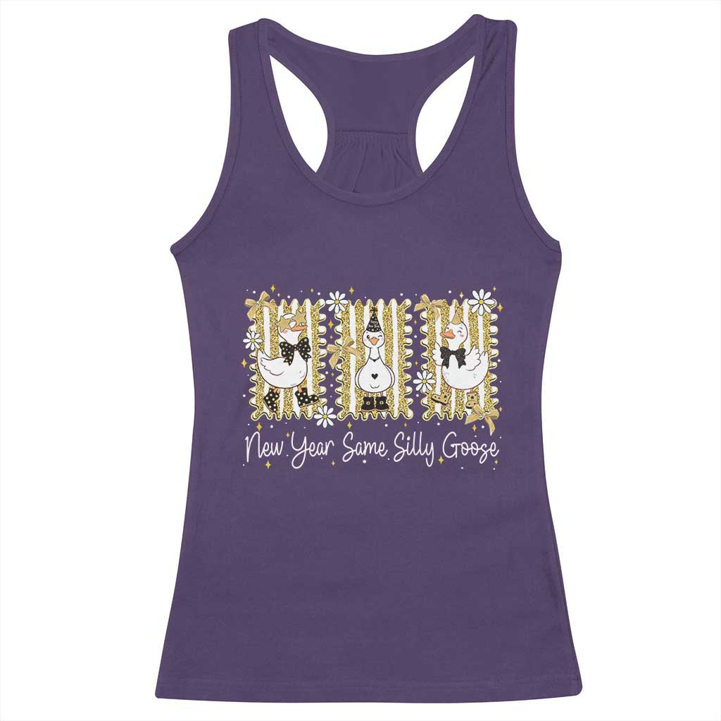 Funny New Year Same Silly Goose Racerback Tank Top New Year Eve Goose Squad Faux Glitter TS11 Purple Print Your Wear