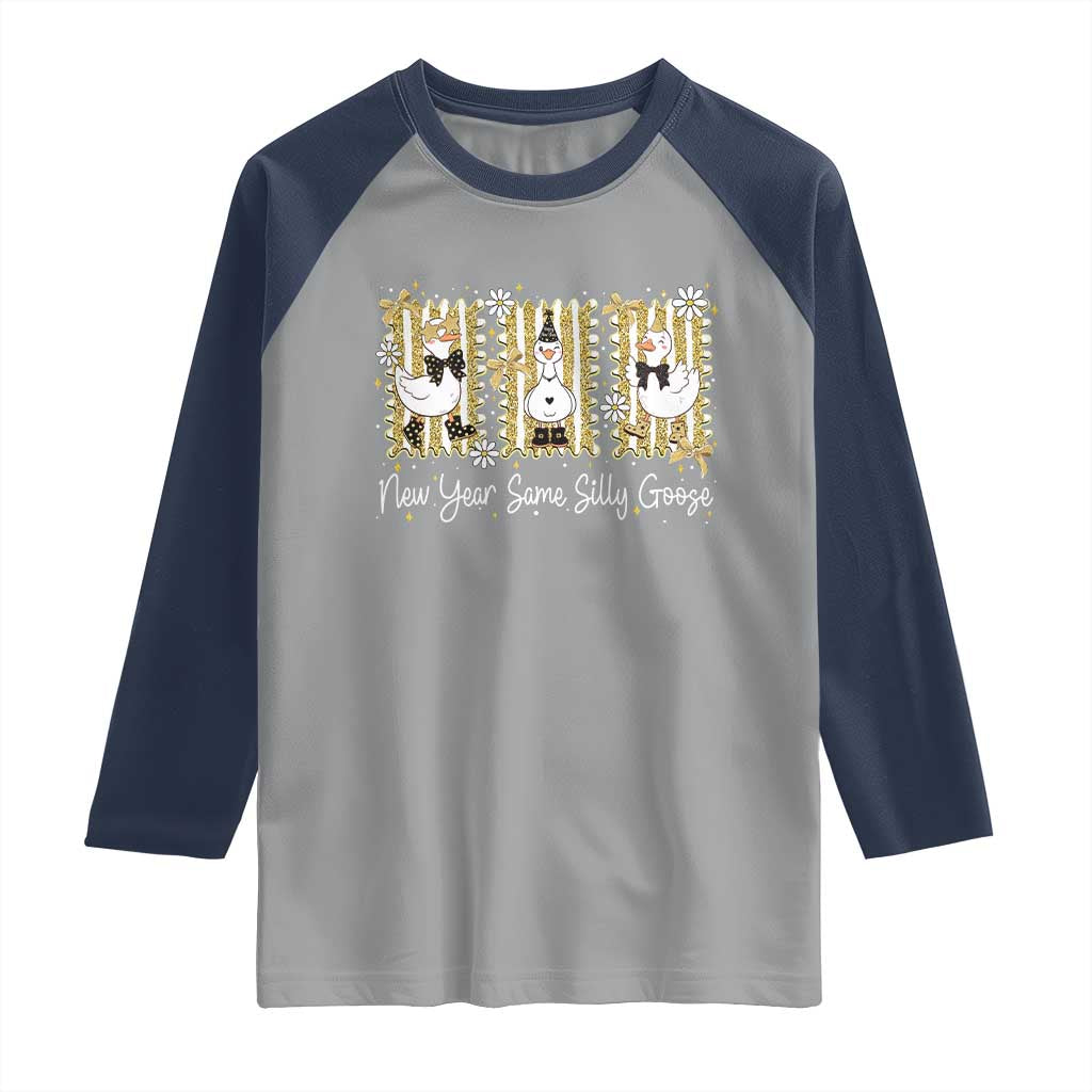 Funny New Year Same Silly Goose Raglan Shirt New Year Eve Goose Squad Faux Glitter TS11 Sport Gray Navy Print Your Wear