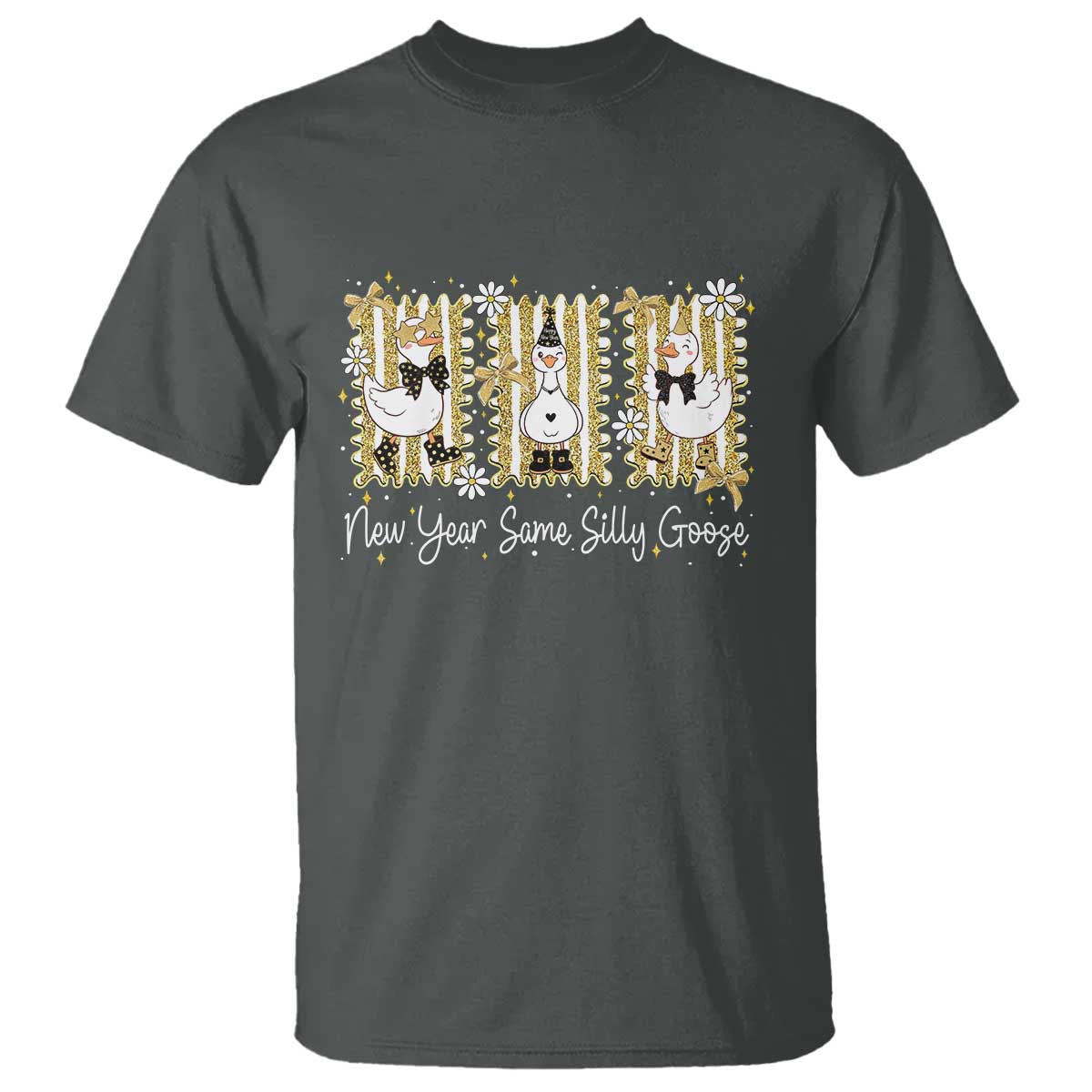 Funny New Year Same Silly Goose T Shirt New Year Eve Goose Squad Faux Glitter TS11 Dark Heather Print Your Wear