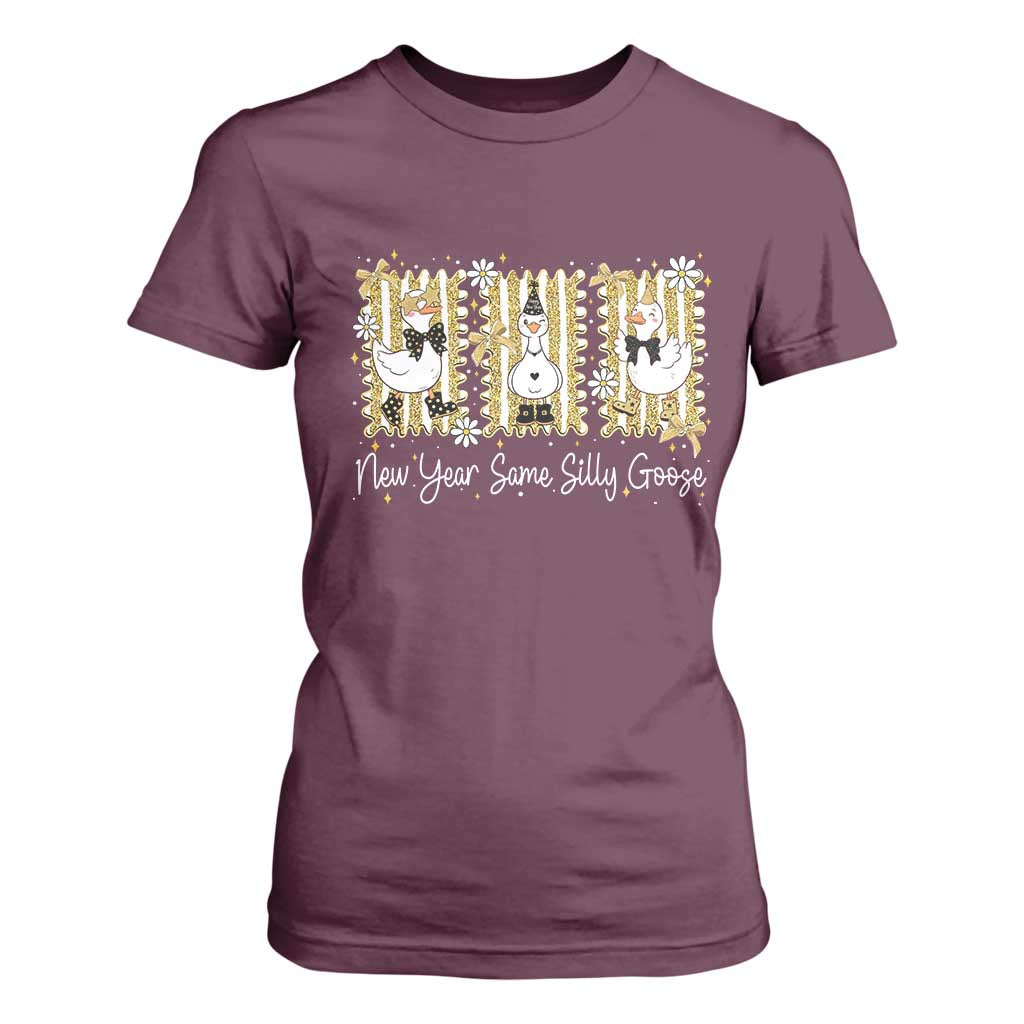 Funny New Year Same Silly Goose T Shirt For Women New Year Eve Goose Squad Faux Glitter TS11 Maroon Print Your Wear