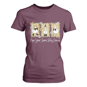 Funny New Year Same Silly Goose T Shirt For Women New Year Eve Goose Squad Faux Glitter TS11 Maroon Print Your Wear