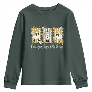 Funny New Year Same Silly Goose Youth Sweatshirt New Year Eve Goose Squad Faux Glitter TS11 Dark Forest Green Print Your Wear