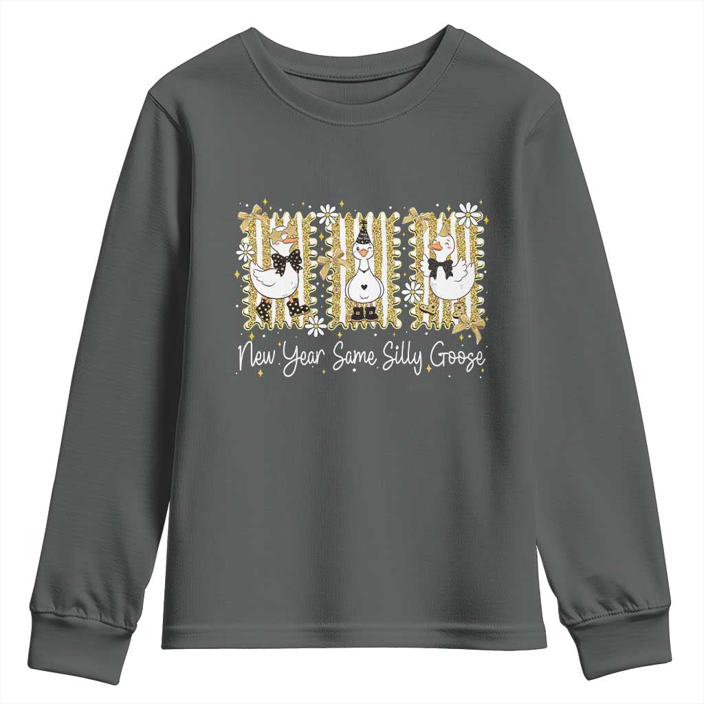 Funny New Year Same Silly Goose Youth Sweatshirt New Year Eve Goose Squad Faux Glitter TS11 Dark Heather Print Your Wear