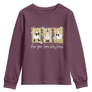 Funny New Year Same Silly Goose Youth Sweatshirt New Year Eve Goose Squad Faux Glitter TS11 Maroon Print Your Wear