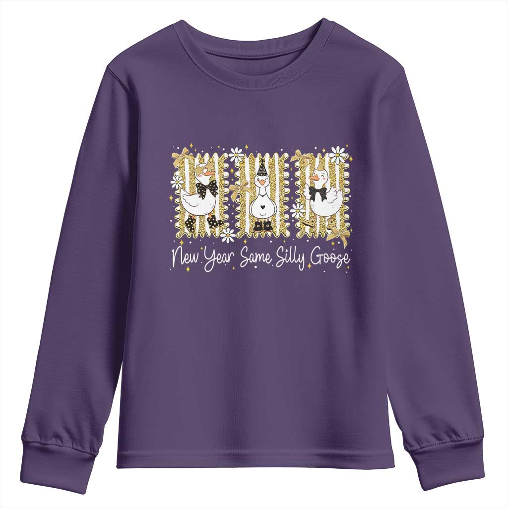 Funny New Year Same Silly Goose Youth Sweatshirt New Year Eve Goose Squad Faux Glitter TS11 Purple Print Your Wear
