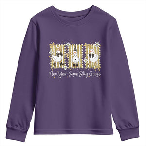 Funny New Year Same Silly Goose Youth Sweatshirt New Year Eve Goose Squad Faux Glitter TS11 Purple Print Your Wear