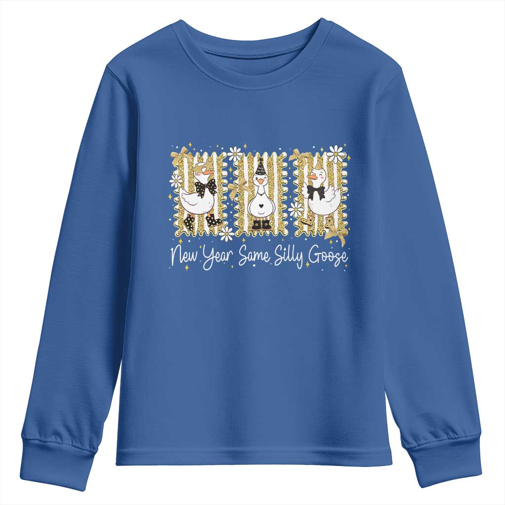 Funny New Year Same Silly Goose Youth Sweatshirt New Year Eve Goose Squad Faux Glitter TS11 Royal Blue Print Your Wear