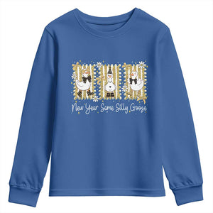 Funny New Year Same Silly Goose Youth Sweatshirt New Year Eve Goose Squad Faux Glitter TS11 Royal Blue Print Your Wear