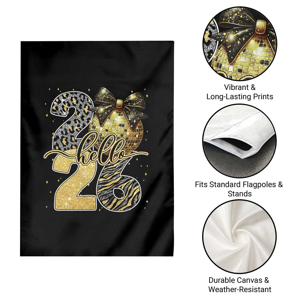 Happy New Year 2026 Garden Flag Hello 2026 Disco Ball Coquette Bow Faux Glitter TS11 Print Your Wear