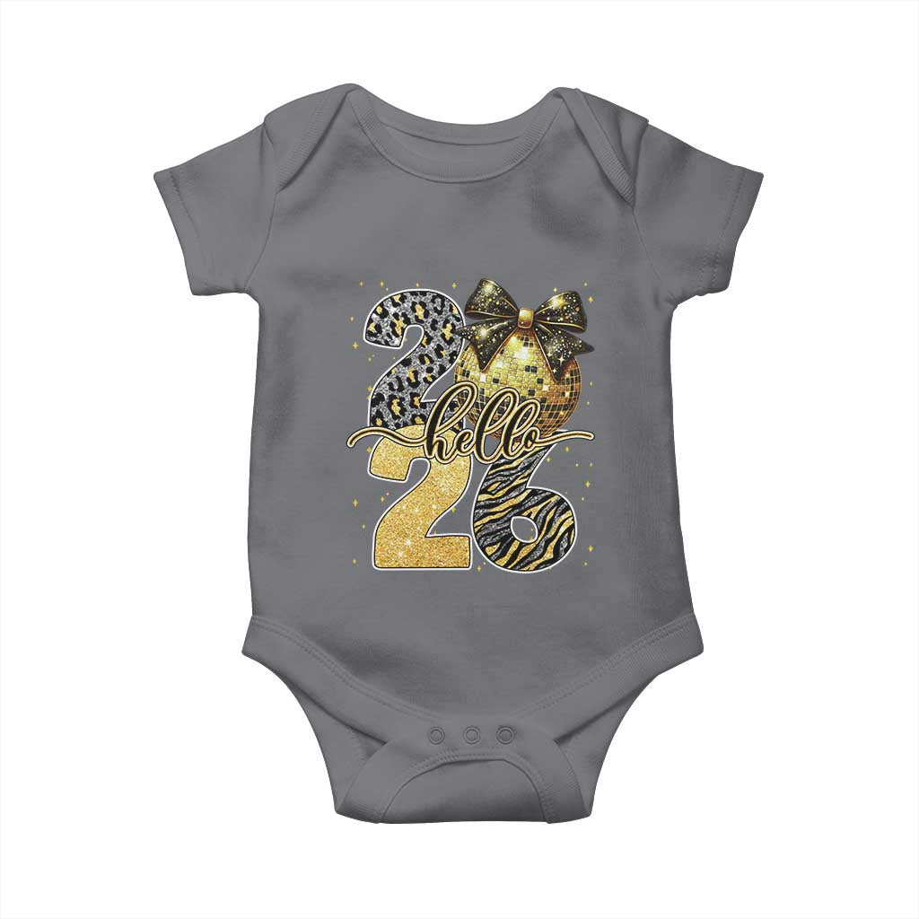Happy New Year 2026 Baby Onesie Hello 2026 Disco Ball Coquette Bow Faux Glitter TS11 Charcoal Print Your Wear
