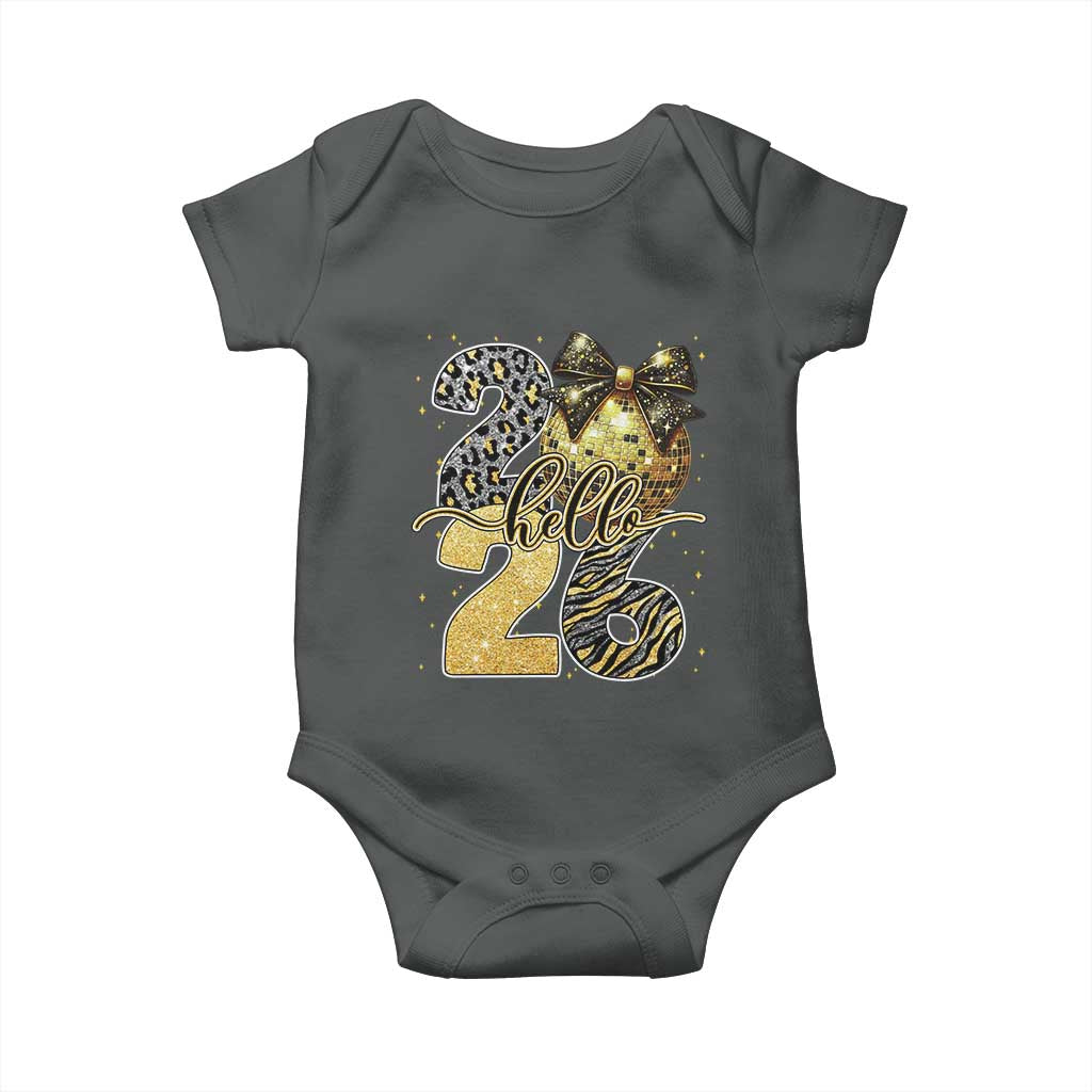 Happy New Year 2026 Baby Onesie Hello 2026 Disco Ball Coquette Bow Faux Glitter TS11 Dark Heather Print Your Wear