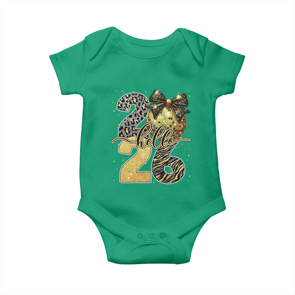 Happy New Year 2026 Baby Onesie Hello 2026 Disco Ball Coquette Bow Faux Glitter TS11 Irish Green Print Your Wear